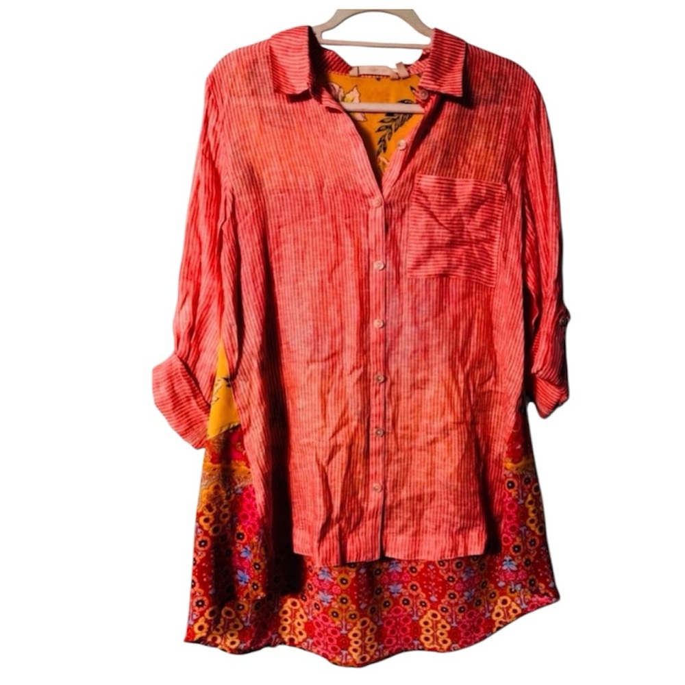 Soft Surroundings Coral and Mustard Button-Front Tunic with Floral Hem